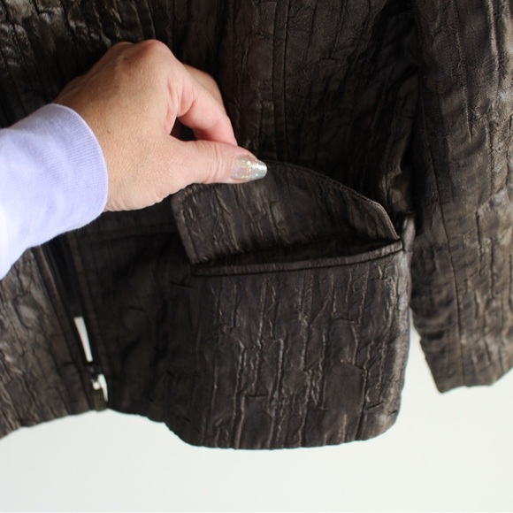 Women's Textured Leather Jacket - Dark Brown - Picture 5 of 10